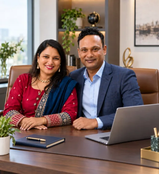 Madhupriya Bilas and Bikash Ranjan Bilas, founders of Team Eagles®, seated together at an office desk.