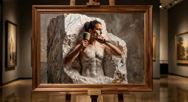 A framed oil painting titled “Emergence”: a figure carving herself free of the stone she stands in, with mallet and chisel.