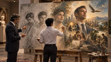 A painting in progress showing one person redrawn from a rough charcoal sketch through to a realised life, with a mentor guiding the artist.