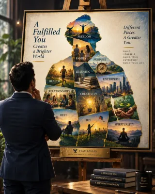 A framed poster, “A Fulfilled You Creates a Brighter World”: a human figure assembled from twelve scenes — freedom, family, purpose, health, learning, enterprise, relationships, creativity, service, rest, joy and spirituality.