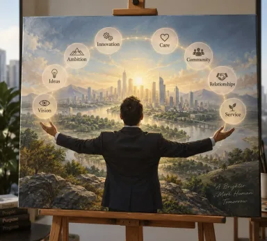 A painting of a founder standing above a city at sunrise, arms open, ringed by Vision, Ideas, Ambition, Innovation, Care, Community, Relationships and Service.