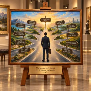 A painting of one figure at a crossroads at sunrise, facing signposts for A Healthier You, Financial Freedom, Career Growth, Lifelong Learning, Personal Fulfilment, Meaningful Relationships, Family Wellbeing, Travel, Entrepreneurship and Giving Back. The plaque beneath reads: the future isn’t found, it’s a choice you make.