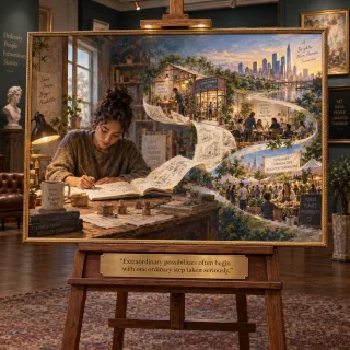 A painting of a woman sketching by lamplight at a workbench, the page unrolling into a workshop, a shop front, a busy market and a city skyline. The plaque beneath reads: extraordinary possibilities often begin with one ordinary step taken seriously.